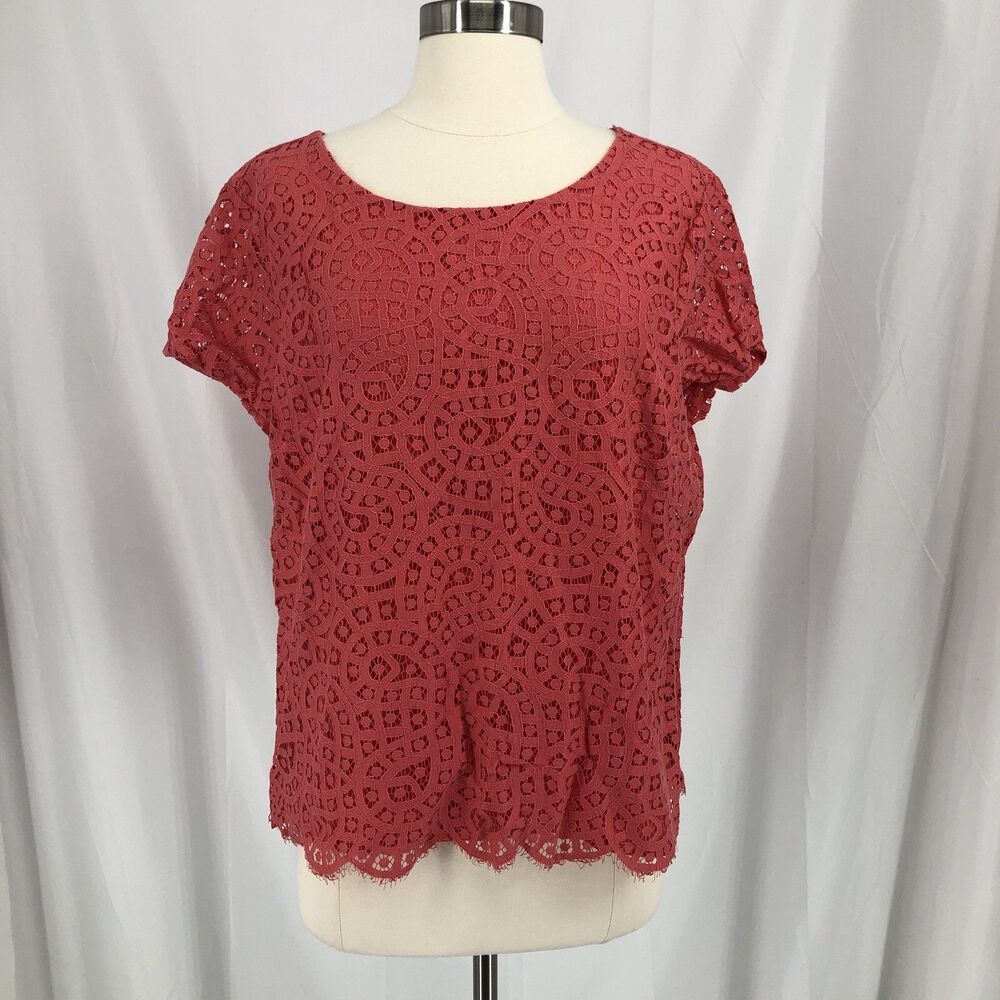 J. Crew Coral Lace Overlay Short Sleeve Top Size 14